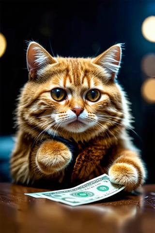 Enlarged round cat pupils,extreme real world, high definition, real photos, masterpieces, supplementary details, A cute cat dressed as a gangster, sits in front of a table, holding a burning banknote in one paw and preparing to light a cigarette in his mouth