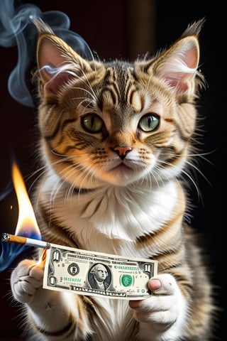 extreme real world, high definition, real photos, masterpieces, supplementary details, real cute cats, like people, holding a burning dollar bill in one hand, ready to light a cigarette,photorealism, 
