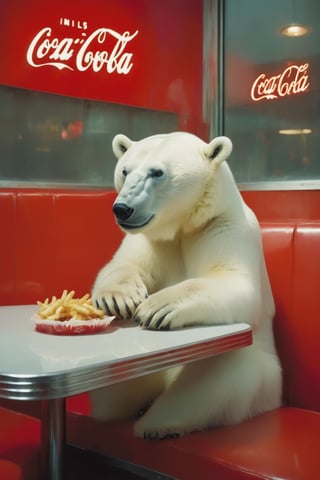 a lonely and depressed cute polar bear baby  is eating , hamburger and fries,Coca-Cola on the table, beside the window in a deserted cafe diner in New York,photographed by Miles Aldridge.white and red,full body,Wide-angle lens,side view