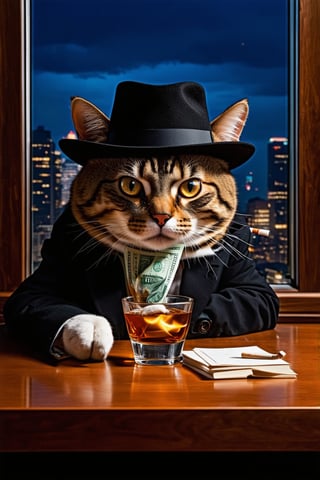 A close-up shot of a large-eyed cat, dressed in a fedora and suit, sitting at a dimly lit table. The camera captures the cat's intense gaze as it holds a burning banknote in its paw and prepares to light a cigarette in its mouth. Supplementary details include a whiskey glass and a pack of cigarettes on the table, with a cityscape visible through the window behind. The high-definition image is so real, you can almost smell the smoke.