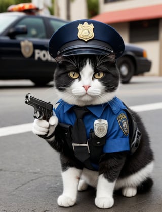 black and white cat, front view, cat in police officer costume, wearing police officer hat,Holding a pistol in hand, street of Los Angeles,high resolution photo