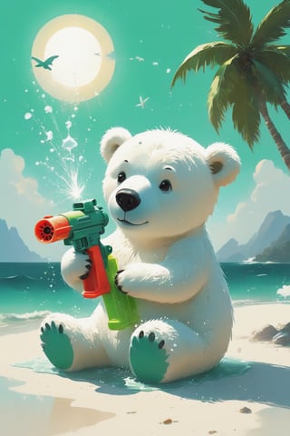 A lonely and sad polar bear is spraying starfish with a children's water gun in his hand, sitting under a coconut tree, isolated island, sea, sunshine, waves, mint green,photo