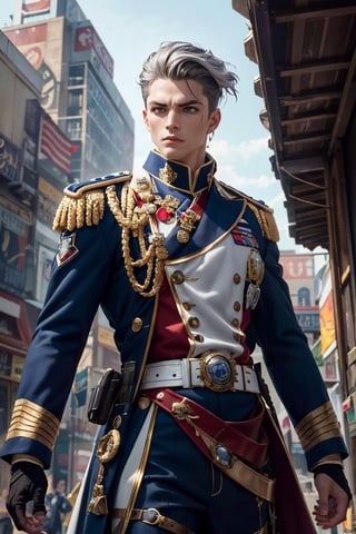 Create an image of a male character in a futuristic military uniform, with sleek silver-gray hair styled tightly to his head, piercing deep blue eyes, and pale complexion. He should have an authoritative stance, wearing a dark navy uniform with bright golden buttons and insignias indicating a high rank, complemented by a black tactical belt and epaulettes. His build is strong, exuding leadership and warrior resilience, and he is gripping a futuristic pistol in his right hand. The character should be positioned against a gritty, futuristic backdrop, capturing the essence of a determined and strategic military leader. The art style should be in the aesthetic of high-detail anime, with a vertical aspect ratio.