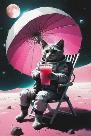 A cat astronaut sitting on a striped pink and white beach chair under an pink and white parasol with a drink in hand on the moon.  Behind the astronaut, there's a galactic pink view of Earth from space, with the planet appearing to be exploding. The vastness of space is filled with stars, explosion fragments, and the moon's surface is dotted with rocks and craters., photo