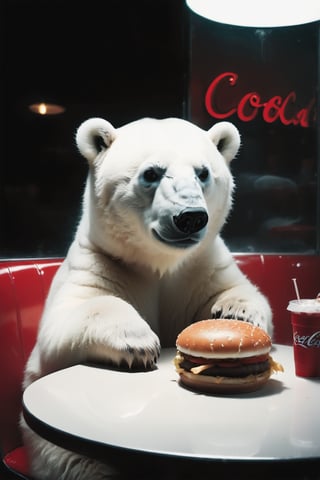 a lonely and depressed little cute polar bear baby  is eating , hamburger and fries,Coca-Cola on the table, beside the window in a deserted cafe diner in New York,photographed by Miles Aldridge.white and red,full body,super wide angle,side view,dark