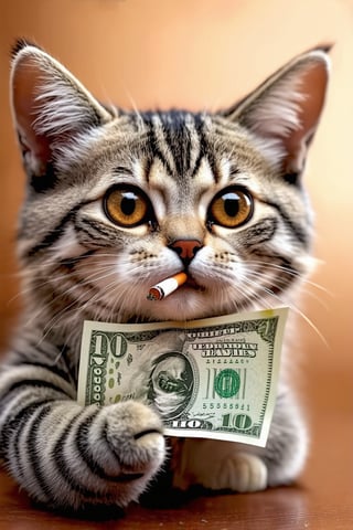 big round eye pupils,extreme real world, high definition, real photos, masterpieces, supplementary details, a real cute cat is holding a burning dollar bill in one hand, ready to light a cigarette in its mouth