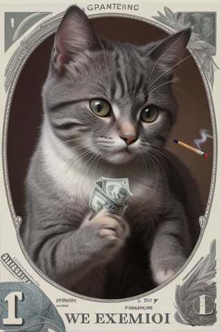 Extremely realistic, high-definition, super detailed,real cat, little cat,A real cute cat, extreme real world, high definition, real photos, masterpieces, supplementary details, real cute cats, like people, holding a burning dollar bill in one hand, ready to light a cigarette,photorealism, 