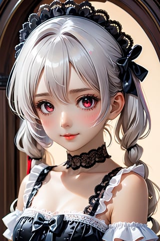 (photorealistic:1.4), (masterpiece, sidelights, exquisite gentle eyes), (character focus,face focus,close to viewer,portrait,masterpiece) ,anime colored,,cute face、 3D face,,(white hair,twintails,long hair),(1 girl),standing,(dark red eyes),gothic makeup,long and curly eyelashes,lolita headband,(upper body:1.5),(gothic black lace lolita dress:1.5),white skin,blush、hair ribbon、 (cute face),(light smile:1.5),Gentle face,(gradient background:1.5)、(glowing eyes)、 neat and clean、adorable、Slim Body,(tareme:1.5),shiny hair, shiny skin,niji,manga,From Behind,xxmix_girl,more detail XL,anime