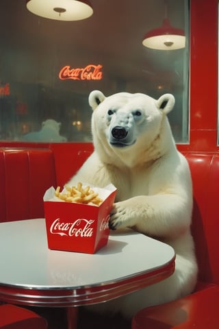 a lonely and depressed cute polar bear baby  is eating ,a hamburger and fries,Coca-Cola on the table, beside the window in a deserted cafe diner in New York in 1990s ,photographed by Miles Aldridge.white and red,full body,Wide-angle lens