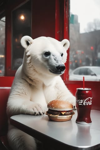 a lonely and depressed little cute polar bear baby  is eating , hamburger and fries,Coca-Cola on the table, beside the window in a deserted cafe diner in New York,photographed by Miles Aldridge.white and red,full body,super wide angle,side view,