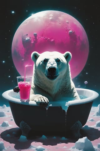 long shot, wide angle,A polar bear Lying in a bathtub filled with ice cubes,holding a pink drink in hand ,Ice covered him,
Taking a bath like a human being .The surface of the moon is bumpy.there's a galactic pink view of Earth from space, with the planet appearing to be exploding. The vastness of space is filled with stars, explosion fragments, photo,