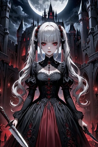 (masterpiece,ultra detailed,high-quality,8k,professional,UHD,)Gothic theme, dark theme, gothic makeup,hair ornaments, white hair,(blunt  bangs, curly hair,twin ponytails),red eyes,ruby-like eyes,gothic dress,Castle, moonlit night, Tensionous picture, Sharpen the knife
