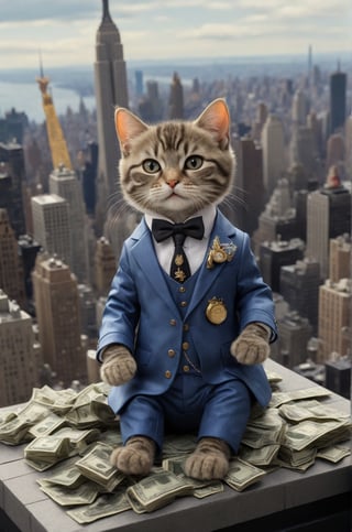 Extremely realistic, high-definition, super detailed,real cat, little cat,A real cute cat,Wearing a high-end suit, Sit on the roof of the Empire State Building and throw money into the sky