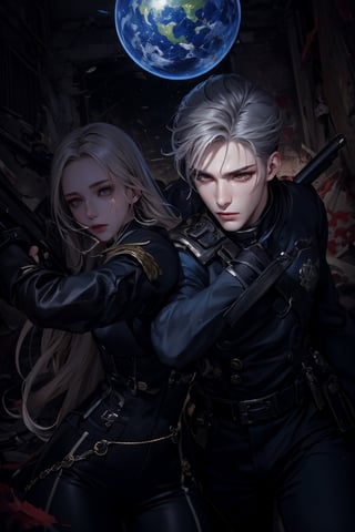 A fierce battle erupts between the protagonists and the rebel militia amidst the ruins of the abandoned city. The male protagonist, with sleek silver-gray hair, is dynamically positioned, firing his weapon while shielding the female protagonist. She, with her long golden hair and amber eyes, is determined, using the globe to deflect an incoming attack. Around them, rebels in mismatched armor return fire, creating a chaotic and action-packed scene. The backdrop of crumbling buildings and flickering holographic signs adds to the intensity. The scene captures high-energy action and sci-fi elements in a detailed Korean manhwa style, vertical aspect ratio.