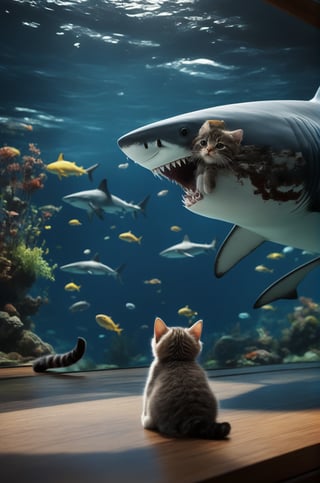 Extremely realistic, high-definition, super detailed,little cat,A real cute cat,
Aquarium, a cat watches a large shark through glass