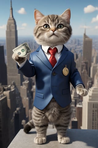 Extremely realistic, high-definition, super detailed,real cat, little cat,A real cute cat,Wearing a high-end suit, stand on the roof of the Empire State Building ,reach a hand toward the sky, throw money into the sky