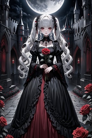 (masterpiece,ultra detailed,high-quality,8k,professional,UHD,)Gothic theme, dark theme, gothic makeup,hair ornaments, white hair,(blunt  bangs, curly hair,twin ponytails),red eyes,ruby-like eyes,gothic dress,Castle, moonlit night, 
whole body,holding a huge rose in hand