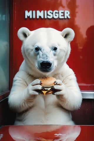 a lonely and depressed baby polar bear  is eating a hamburger and fries beside the window in a deserted cafe diner in New York in 1990s ,photographed by Miles Aldridge.white and red