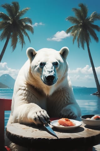 A  depressed polar bear  carrying a knife is cutting fish for sushi, he is sitting in an outdoor restaurant on a tropical island with coconut trees, blue sky and sea in the background, full body shot, side view, 
Wide angle ,long shot,photo,photographed by Miles Aldridge,