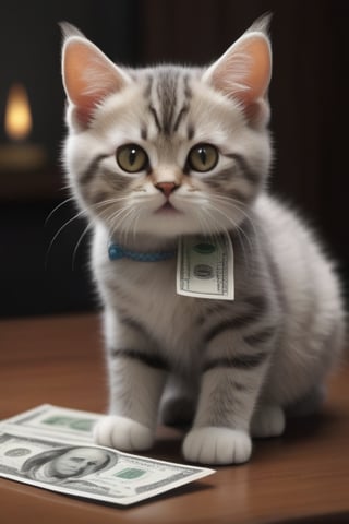 Extremely realistic, high-definition, super detailed,real cat, little cat,A real cute cat, masterpieces, supplementary details, real cute cats, like people, holding a burning dollar bill in one hand, ready to light a cigarette,photorealism, 