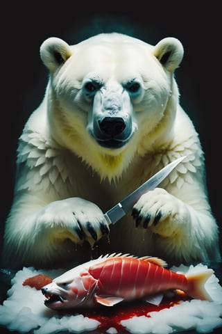 A real sad polar bear holding a knife and cutting fish, making sushi, island,photo,photographed by Miles Aldridge