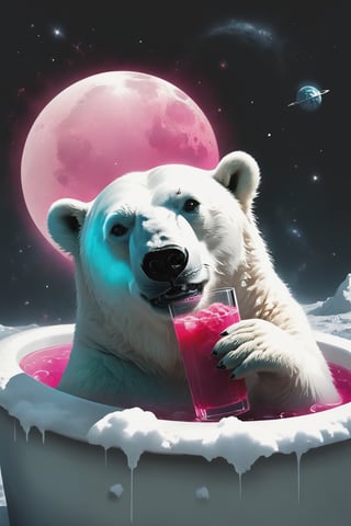 long shot, wide angle,
side view, top view,A polar bear Lying in a bathtub filled with ice cubes,holding a pink drink in hand ,Ice covered him,
Taking a bath like a human being .The surface of the moon is bumpy.there's a galactic pink view of Earth from space, with the planet appearing to be exploding. The vastness of space is filled with stars, explosion fragments, photo,