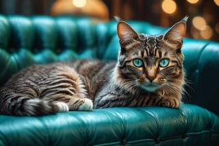 Ultra-realistic depiction of a single cat, elongated on a luxurious turquoise leather sofa, with glistening skin and piercing blue eyes. The camera zooms in on the feline's tranquil form, showcasing its tigrated dark green hair and stylish glasses. The soft, even lighting accentuates the cat's serene expression, as if lost in thought amidst the plush surroundings. Masterpiece-quality rendering of a solitary cat, exuding elegance and sophistication.
