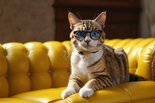 score_9, score_8_up, score_7_up (masterpiece, best quality),1 cat,  glistening_skin, solo, blue eyes, glasses, tigrated dark hair , ultra realistic, elungated on the back in a yellow leather sofa. Zoom view on cat 