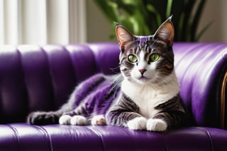 Ultra-realistic depiction of a single cat, elongated on a luxurious purple leather sofa, with glistening skin and piercing green eyes. The camera zooms in on the feline's tranquil form, showcasing its tigrated dark purple hair and stylish glasses. The soft, even lighting accentuates the cat's serene expression, as if lost in thought amidst the plush surroundings. Masterpiece-quality rendering of a solitary cat, exuding elegance and sophistication.