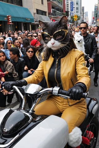 future technology,science fiction,streamlined construction,internal integrated circuit,driver's helmet,cat, (cat face),white fur, short fur, gold-rimmed glasses, audience-oriented,whiskers, cool, driving a L.A. Cop motorbike escorting a black long limousine , dressed with a yellow leather jacket and red pants, catwoman is behind him. The car is surrounded by a large crowd  