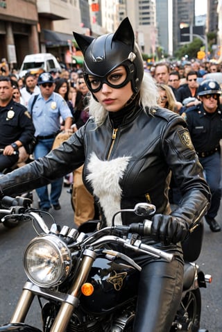 future technology,science fiction,streamlined construction,internal integrated circuit,driver's helmet,cat, (cat face),white fur, short fur, gold-rimmed glasses, audience-oriented,whiskers, cool, driving a L.A. Cop motorbike escorting a black long limousine , dressed with a cop leather jacket and pants, catwoman is behind him. The car is surrounded by a large crowd  