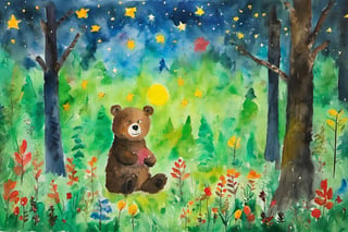 Children's painting, color painting, In a quiet, big forest, there lived a cute little bear named Little Bear. Every day, he played in the forest, and at night, he loved to lie under a big tree and watch the stars.
