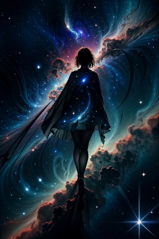 (view from above),masterpiece, best quality, ultra high res, (abstract art:1.3), (dark theme:1.2), art, stylized, deep shadow, dark theme, 1girl, cosmic dress, cosmic beauty, in space, nebula,EpicSky,hourglass body shape,	 SILHOUETTE LIGHT PARTICLES