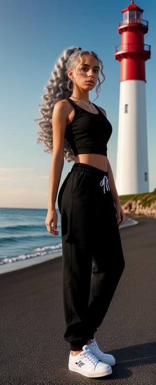 French girl,grey blonde hair(very long hair, curly_hair),long ponytail,hiphop dancer,wearing all black clothes (loose fit top and wide cargo pants),sneakers,accessories(necklace,ear_rings), standing in the sea,horizon,seaside,vivid sea color,red lighthouse,sunset,Best Quality, 32k, photorealistic, ultra-detailed, finely detailed, high resolution, perfect dynamic composition, beautiful detailed eyes, sharp-focus, cowboy_shot, 