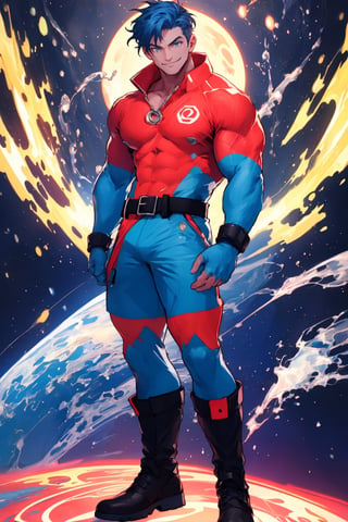 4K UHD illustration, upscaled professional drawing HDR, sexy handsome Man,perfect pectoral, real life, yellow circle logo the chest (:1.9) form fitting irridecent blue (full length) bodysuit (:1.9) detailed black belt, red shorts (:1.9) red hero boots, full-body_portrait (:1.9) vibrant green stylized short hair (:1.9), intense blue eyes (:1.9) perfect anatomy,  detailed muscular arms, smirking smile,  eyebrows,  blue tined skin, standing,  looking-into-camera,  dynamic cosmos backdrop (:1.9) vibrant,  300dpi,  upscaled 8K,  masterpiece (:1.9) perfect anatomy,  perfect hands, finest quality art ,blue skin, captain planet (:1.9) ,waterdress