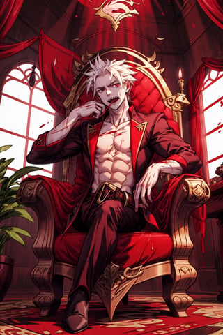 masterpiece,best quality,highly detailed character,8k,high quality, artwork,male feature,man with crimson red hair, red eyes, similar to Diluc Ragvindr from GENSHIN,in a room like a castle, sitting on a throne with his thoughts crossed, with his mouth open and vampire fangs from which blood drips ,1boy,Vampirism,Male focus,angeldust
