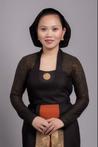 A beautiful typical Javanese woman with a slightly fat body wearing a plain black classic Javanese kebaya, a brooch in the middle of her chest (gold color) and a traditional Javanese bun, a large and round bun on the back of her head, red obi, brown batik cloth with unique and complicated motifs, black high heel sandals. background standing in front of white paint wall.UHD.HD.65k