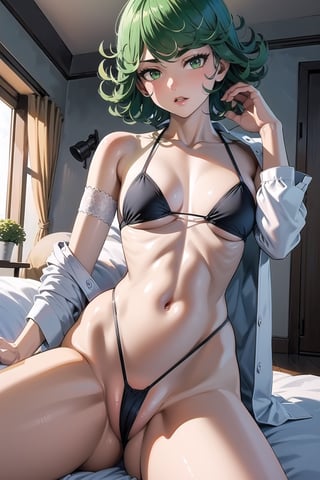 (masterpiece), extremely detailed, best quality, 1girl, Tatsumaki, Terrible_Tornado, thong_panties, black_thong_bikini, looking_at_viewer, ahegao_face, short hair, bangs, green hair, green eyes, detailed eyes, collarbone, thighs, small breasts, parted lips, green hair, long sleeves, curly hair, flipped hair, TatsumakiOPM,tatsumakitornado, indoors, aesthetic, (dynamic pose, dynamic angle:1.3), (masterpiece, best quality, ultra-detailed, very aesthetic:1.5), illustration, disheveled hair, perfect composition, moist skin, intricate details, seducing_gaze, perfect pussy, tight pussy, legs_apart, revealing_clothes, lying_down, in bed, laying_down, sweating, perfect body, prone, 
on_back