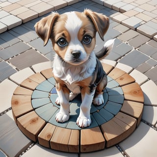 Puppy Portrait Standing on Wooden Plates on Round Stone Pavement, Close Shot (CS), Standing, Looking Straight | (White Background: 1.2), Simple Background | Medieval, Pastel Mute Color, Digital Art, 8K Resolution, Super Quality, Watercolor, Trendy at Art Station, Complex Details, Very Detailed, Greg Rutkowski
