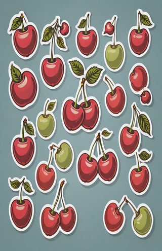 Cherry, detailed retro floating vector stickers, drop shadows, vibrant, posters, illustrations