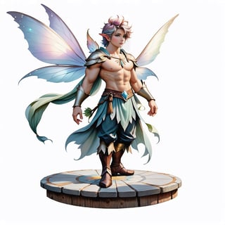 A male fairy portrait standing on a wooden board on a round stone pavement, close shot (CS), standing, looking straight, | (white background: 1.2), simple background | Medieval, pastel mute color, digital art, 8K resolution, ultra-quality, watercolor, fashionable at art stations, complex details, very detailed, Greg Rutkowski