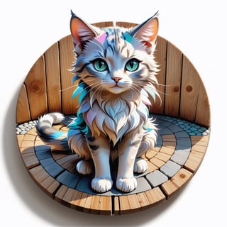 Cat Fairy Portrait Standing on Wooden Plates on Round Stone Pavement, Close Shot (CS), Standing, Looking Straight | (White Background: 1.2), Simple Background | Medieval, Pastel Mute Color, Digital Art, 8K Resolution, Super Quality, Watercolor, Trendy at Art Station, Complex Details, Very Detailed, Greg Rutkowski