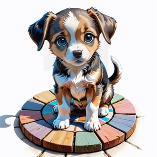 Puppy Portrait Standing on Wooden Plates on Round Stone Pavement, Close Shot (CS), Standing, Looking Straight | (White Background: 1.2), Simple Background | Medieval, Pastel Mute Color, Digital Art, 8K Resolution, Super Quality, Watercolor, Trendy at Art Station, Complex Details, Very Detailed, Greg Rutkowski