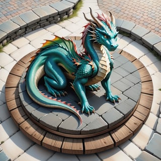 Dragon Portrait Standing on Wooden Plates in Round Stone Pavement, Close Shot (CS), Standing, Looking Straight | (White Background: 1.2), Simple Background | Medieval, Pastel Mute Color, Digital Art, 8K Resolution, Super Quality, Watercolor, Popular in Art Stations, Complex Details, Very Detailed, Greg Rutkowski