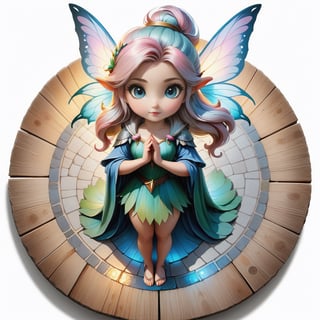Female Fairy Portrait Standing on Wooden Plates on Round Stone Pavement, Close Shot (CS), Standing, Looking Straight | (White Background: 1.2), Simple Background | Medieval, Pastel Mute Color, Digital Art, 8K Resolution, Super Quality, Watercolor, Trendy at Art Station, Complex Details, Very Detailed, Greg Rutkowski