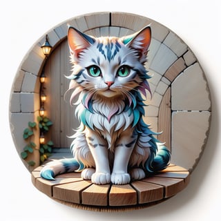 Cat Fairy Portrait Standing on Wooden Plates on Round Stone Pavement, Close Shot (CS), Standing, Looking Straight | (White Background: 1.2), Simple Background | Medieval, Pastel Mute Color, Digital Art, 8K Resolution, Super Quality, Watercolor, Trendy at Art Station, Complex Details, Very Detailed, Greg Rutkowski