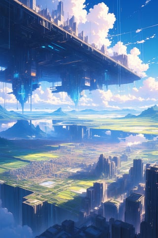 //Quality, (Masterpiece:1.4), (Detailed), ((Best Quality),/(Caliphos:1.4), (Floating City, Sky Floating City Landscape: 1.4), (Reflections, Mountains, Field: 1.4), Landscape, (Horizontal: 1.3), Surreal Elements, Glitch, (Data Code:1.3), (Glitch Effect:1.3), (Cyberpunk:1.2), 1girl, (Short Twin Tail), (White:1.3), (Bluehead:1.1), (Wide_shot:1.4), mid_shot