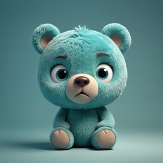 Cute turquoise teddy bear character with frowning eyes and mouth, simple facial features, 3D rendering style, Pixar animation style, cute cartoon design, soft lighting, simple background, no shadows, cute expressions.