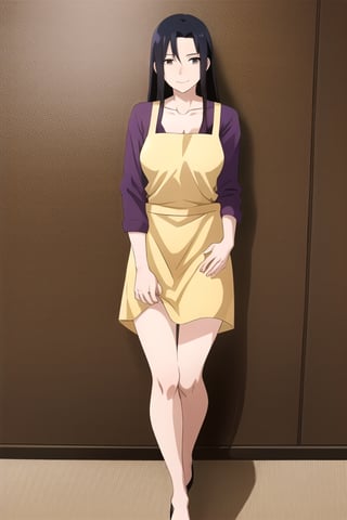 1girl, solo, long hair, black hair, sidelocks, black eyes, smile, (lora:Mikoto:1) (lora:animemix_v3_offset:0.7), collarbone, uchiha clan, full body, ((naked)), perfect body, beautiful body, beuatiful legs, milf,  ((expression of tenderness)), ((a very gentle and kind woman)), ((She wore a simple dark purple blouse with a red-plum skirt and a light-yellow apron)). うちはミコト,panty pull
