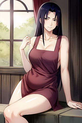 1girl, solo, long hair, black hair, apron,  sidelocks, black eyes, smile, (lora:Mikoto:1) (lora:animemix_v3_offset:0.7), collarbone, uchiha clan, full body, ((naked)), perfect body, beautiful body, beuatiful legs, milf, mother, ((expression of tenderness, maternal expression))